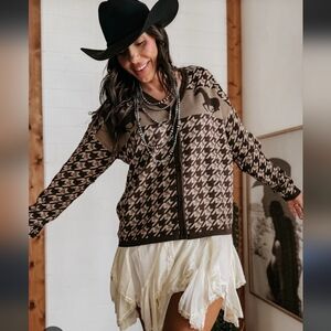 2 FLY Co. NWT Uptown Pony Houndstooth Brown & Tan Knit Western Cardigan L/XL